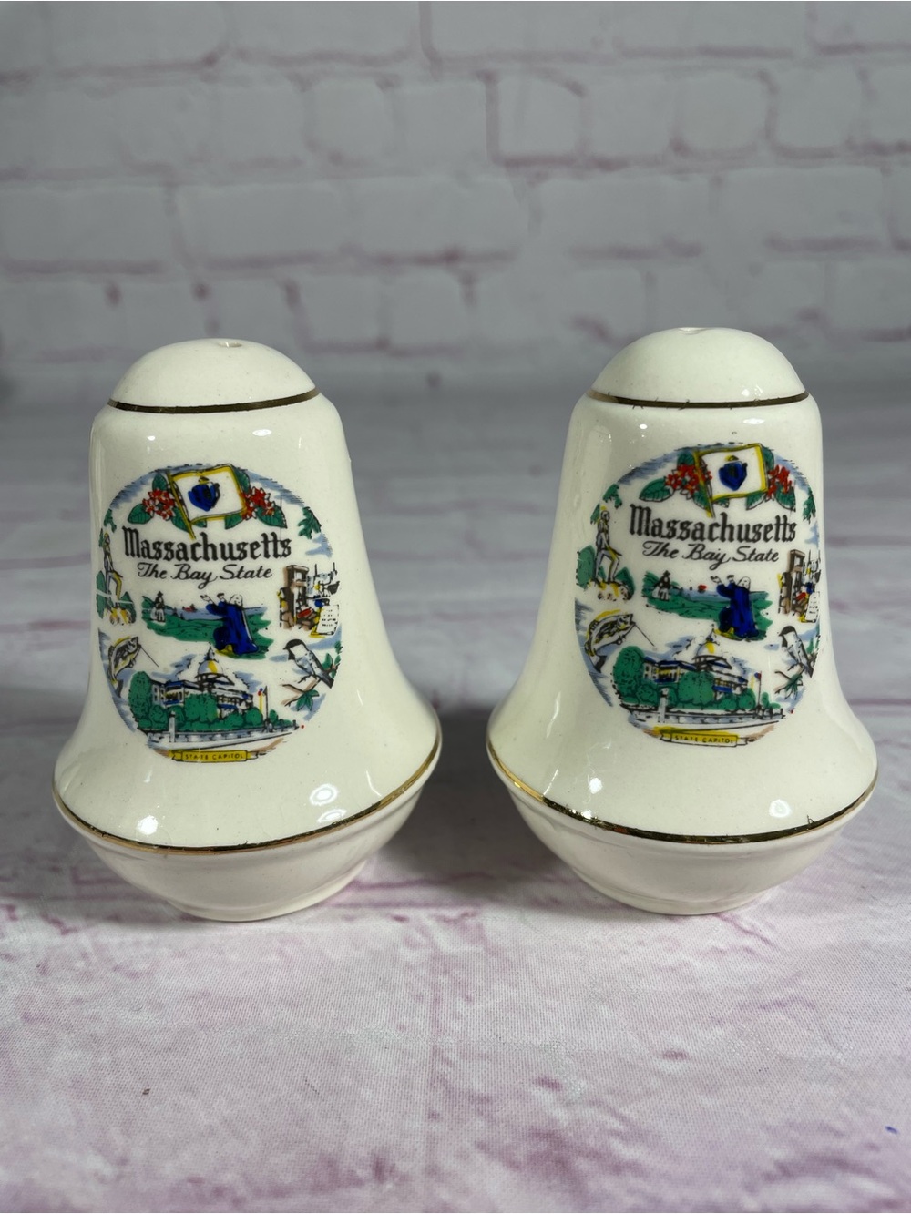 Vintage Massachusetts The Bay State Ceramic Salt and Pepper Shaker Pair